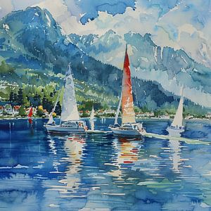 Aquarell Berglandschaft See Segelboote Gebirge Wälder