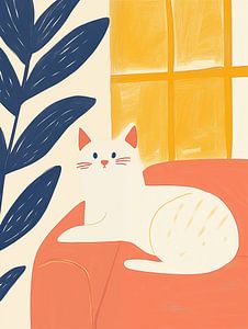 Weiße Boho-Katze auf Orangen Sofa