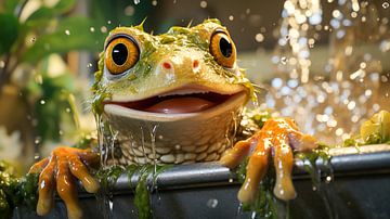 jolie grenouille regarde hors d'une baignoire, illustration sur Animaflora PicsStock