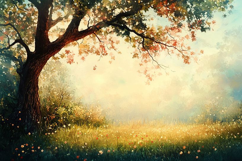 Boom kleuren | Zonnig landschap met bloemen van Kunst Kriebels