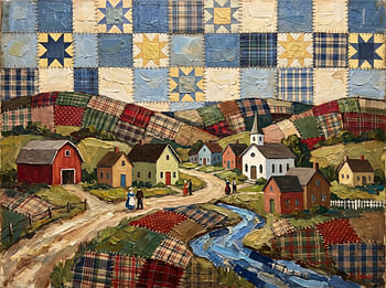 Amerikanische Volkskunst: Dorfszene mit hügeliger Patchwork-Landschaft und Himmel