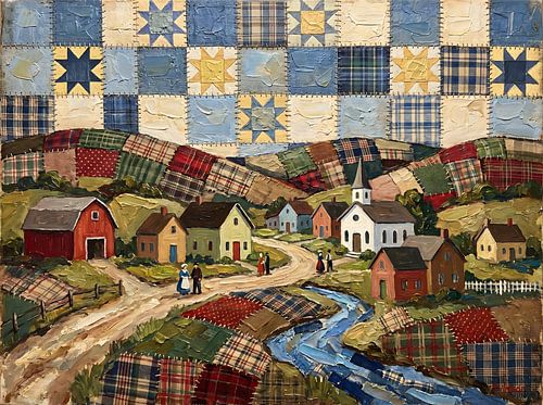 Amerikaans volkskunstdorp met een landschap van heuvels en lucht in patchworkstijl