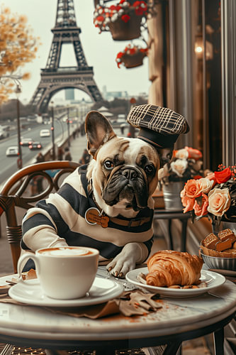 A French Bulldog outside a café in Paris