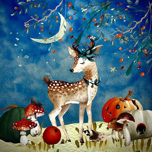 Illustration nocturne du cerf en automne