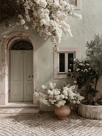 Boogdeur onder witte bloesems – Mediterrane kunst van StudioRemier