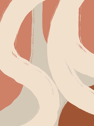 Abstracte vormen en lijnen in koraal, terra en wit.