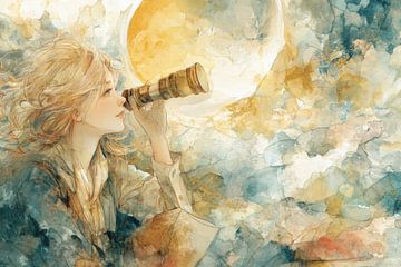 Girl with Telescope - Poetic Dreamscape by Peter Pen Drawings and Paintings