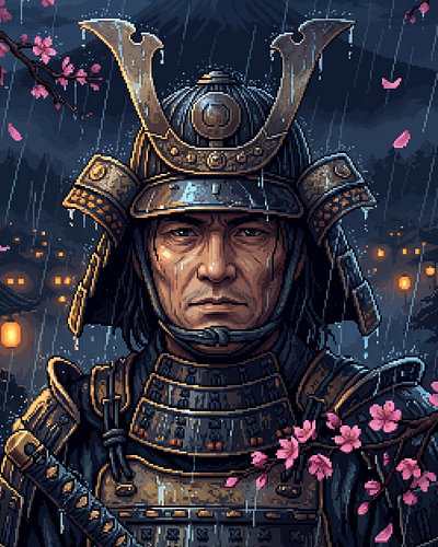 Pixel Art : Samouraï sous la pluie : le gardien des fleurs de cerisier