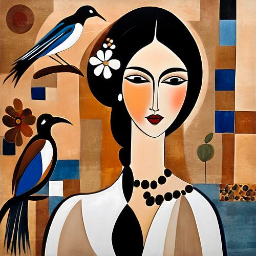Art-Déco-Frau mit blauen Vögeln von Georgia Chagas