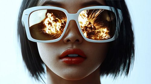 Vrouw met witte zonnebril weerspiegelt explosies