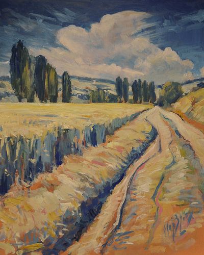 Zomers landschap met populieren en wolk