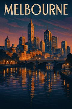 Melbourne in der Abenddämmerung - Vintage Skyline Reflexion Poster
