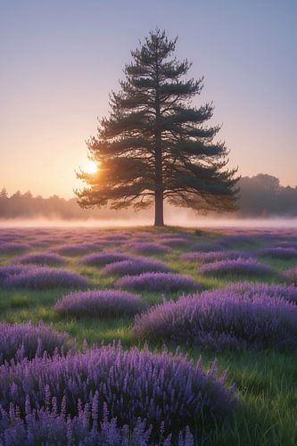 Lumière de lavande – un arbre au lever du soleil dans des champs de fleurs violettes