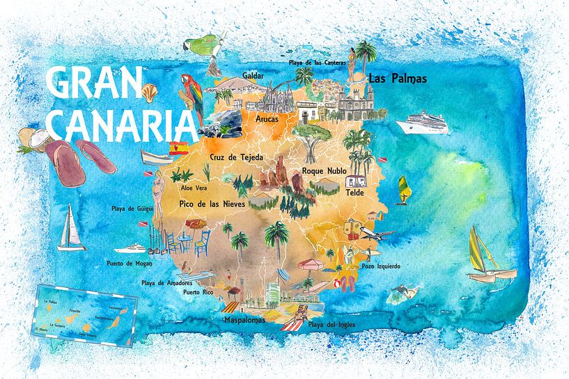 Gran Canary Canarias Spain Illustrated Map with Landmarks and Highlights by Markus Bleichner