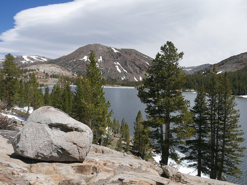 Lac de montagne avec glace et pins juste à l'extérieur du parc national de Yosemite par Moniek van Rijbroek