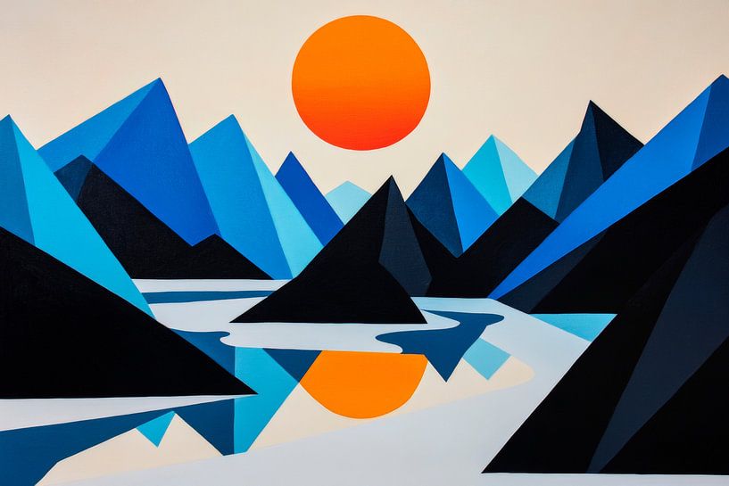 Mountain landscape with orange-coloured sun by Poster Art Shop