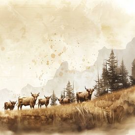 Herde schottischer Hochlandrinder in Berglandschaft von Lauren Wilde