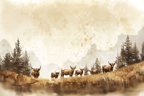 Kudde Schotse hooglanders in berglandschap