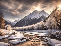 Rugged winter mountain landscape with flowing river