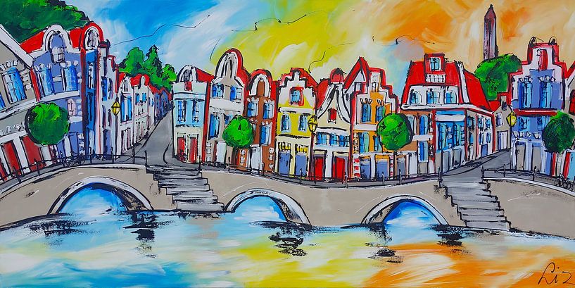 Zonsondergang in Amsterdamse Grachten van Vrolijk Schilderij