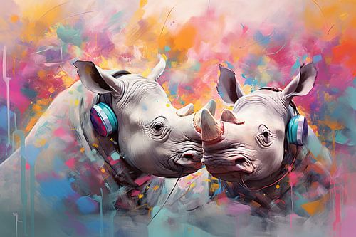 Nashörner beim Musikhören | Modernes Kunstwerk