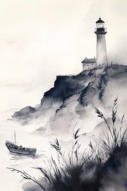Leuchtturm in nebliger Küstenlandschaft von Poster Art Shop