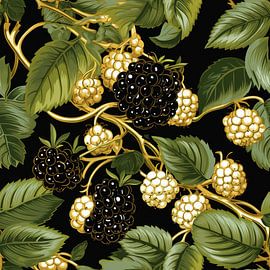 Motif carrelage mûres noir blanc feuilles stylisées