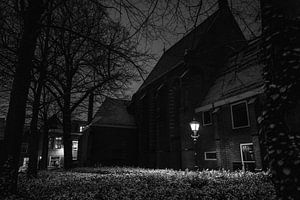 Eglise de Waalse Haarlem neige janvier 2021 noir blanc sur Bob Van der Wolf