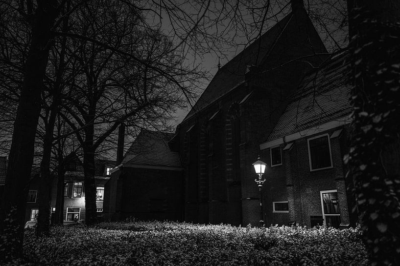 Waalse Kirche Haarlem Schnee Januar 2021 schwarz weiß von Bob Van der Wolf