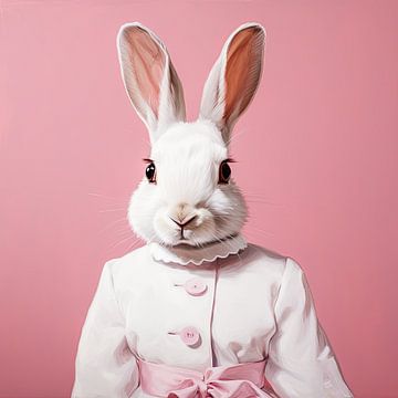 White rabbit in party dress against pink background by Vlindertuin Art
