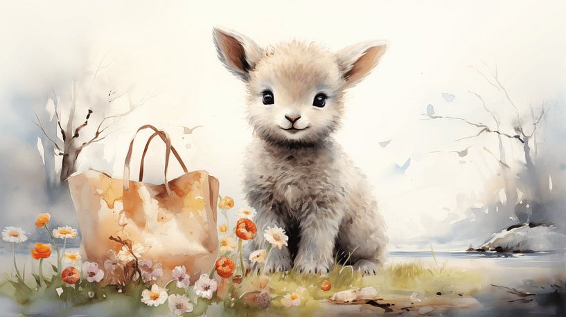 Lief paaslammetje en paasmandje in lentetuin aquarel kunstontwerp van Animaflora PicsStock