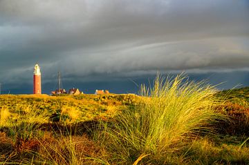 Texelse vuurtoren in de duinen tijdens een stormachtige herfstochtend