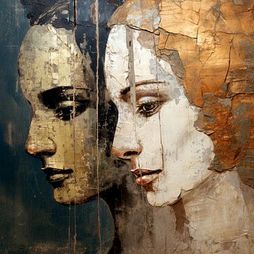 Two women en profil in warm brown and gold tones by Laila Bakker