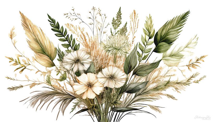 Florales Stillleben aus Gräsern und Blumen zwischen Wildnis und Ordnung – Ein Bouquet aus Wald und Wiese im Dialog mit dem Weiß des Raumes von AidasignArt