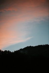 Silhouet van de boomtoppen op de berg tijdens zonsondergang | Spielberg, Oostenrijk van Trix Leeflang