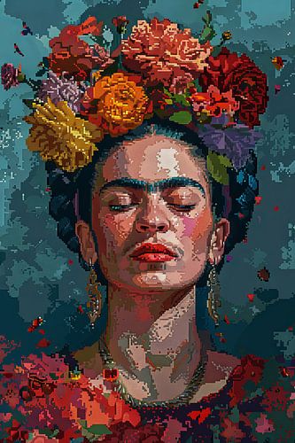 Frida's digital flower crown - pixel art portrait