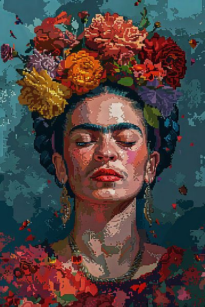 La couronne de fleurs numérique de Frida - Portrait en pixel art par Poster Art Shop