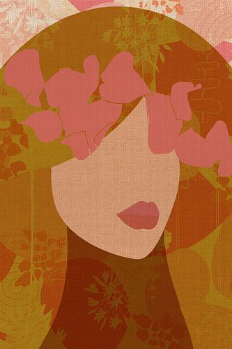 Portrait rétro des années 70 en ocre, motif floral vintage rose