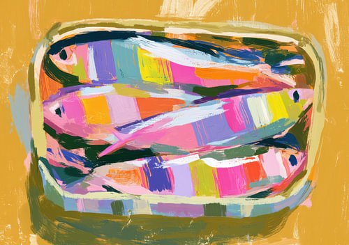 Colourful tinned sardines on a yellow background