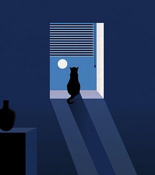Minimal art illustratie van een kat die 's nachts dagdroomt