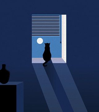 Minimal art illustratie van een kat die 's nachts dagdroomt van RickyAP