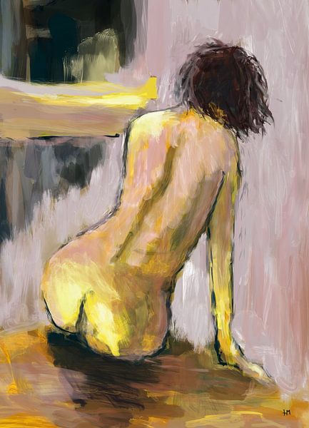 Nude woman, modern painting in yellow and purple. by Hella Maas