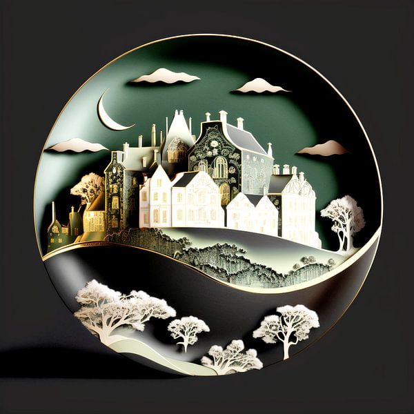 Miniature town plates porcelain houses trees art deco surreal by gm_designs
