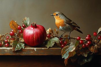 Robin with pomegranate (in the style of Henk Helmantel)