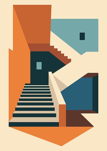 Composition architecturale géométrique mettant en scène des escaliers aux lignes angulaires, des blocs de couleurs vives et des formes spatiales abstraites et dynamiques. Illustration vectorielle minimaliste.