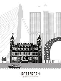 Skyline illustratie stad Rotterdam zwart-wit-grijs van Mevrouw Emmer
