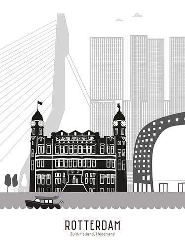 Illustration de la ville de Rotterdam en noir et blanc-gris sur Mevrouw Emmer