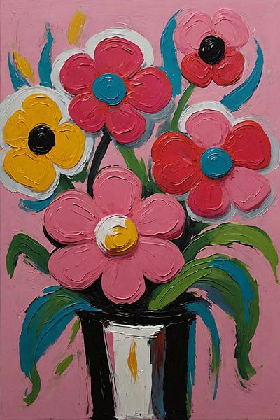 Colourful Flowers in Vase on Pink Background by Art & Soul Creations