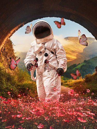 Astronaut wandert durch eine traumhafte Schmetterlingslandschaft