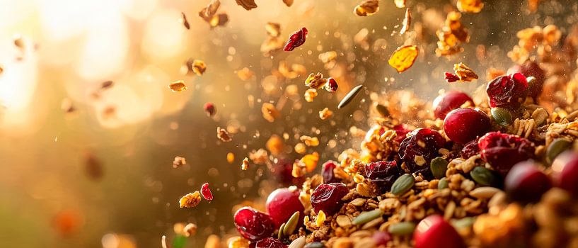 Autumn fruits and grains in flight by Poster Art Shop